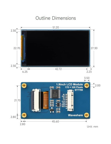 Módulo de Pantalla LCD 1.9" Waveshare 170x320 SPI IPS 262K Colores