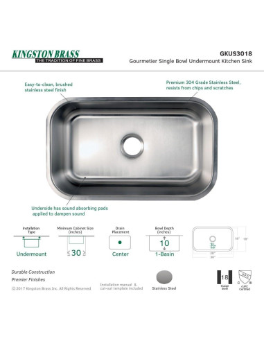 Fregadero de cocina Kingston Brass GKUS3018 76.2x45.7 cm acero inoxidable