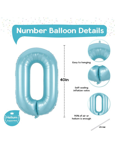 Globo Número 0 Azul Pastel 101,6 cm para Fiestas