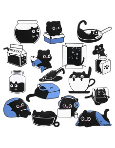 Conjunto de 16 Pines de Esmalte de Gato Negro - Decoración Ropa y Mochilas