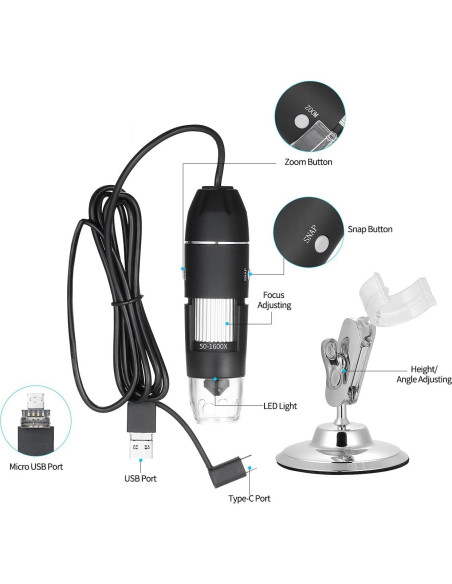 Microscopio Digital USB Meichoon 1600X 3-en-1 con Soporte Microscopio Digital USB Meichoon 1600X 3-en-1 con Soporte