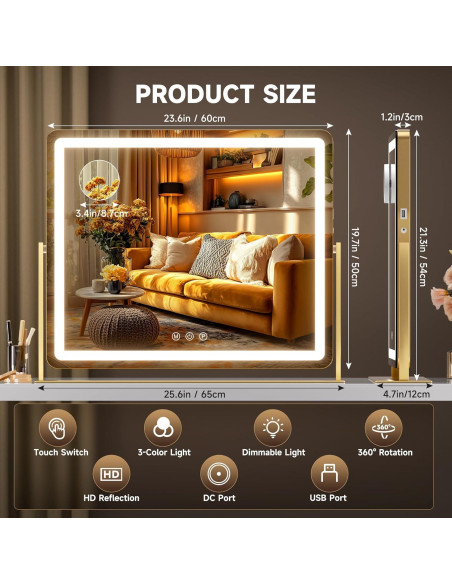 Espejo de tocador Hasipu LED 63.5x53.3 cm Oro con aumento 10X Espejo de tocador Hasipu LED 63.5x53.3 cm Oro con aumento 10X
