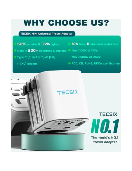 Adaptador de Viaje Universal TECSIX 2500W para 200+ Países Adaptador de Viaje Universal TECSIX 2500W para 200+ Países
