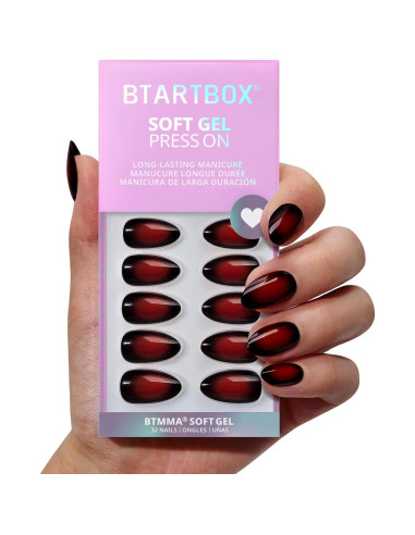 Uñas Postizas Cortas BTArtbox - Beso Vampírico, 32 Uñas Almendras Rojas y Negras