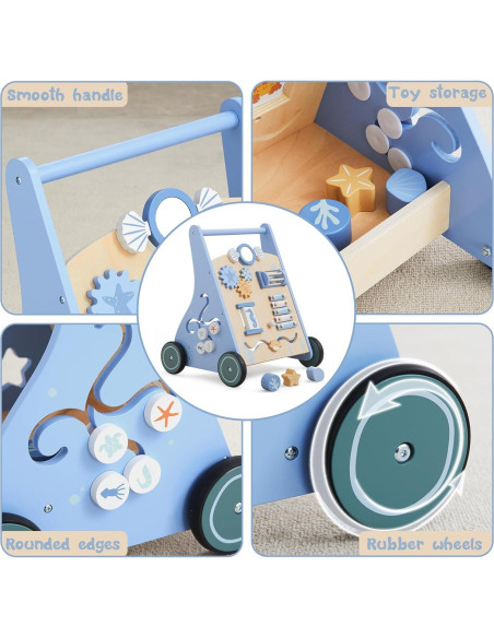 Andador de Madera Beright Azul para Bebés 12 en 1 con Actividades Andador de Madera Beright Azul para Bebés 12 en 1 con Actividades