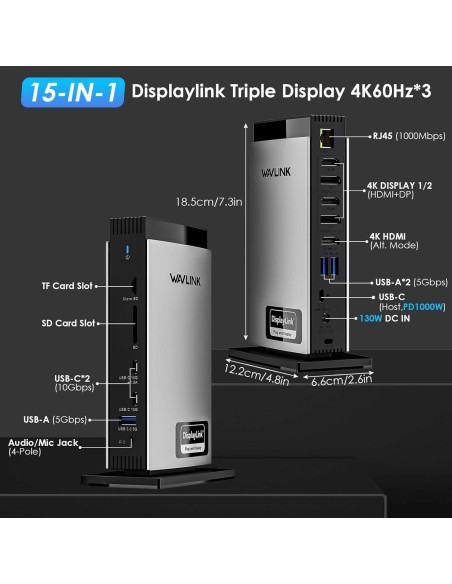 Estación de Acoplamiento WAVLINK USB C 15 en 1 Triple Monitor 4K Estación de Acoplamiento WAVLINK USB C 15 en 1 Triple Monitor 4K