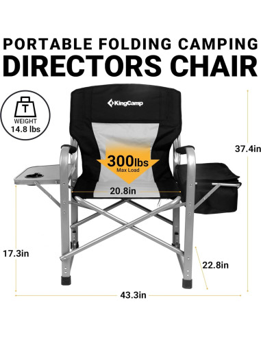 Silla de Camping Plegable KingCamp con Mesa Lateral y Bolsa Térmica, Soporta 272 kg
