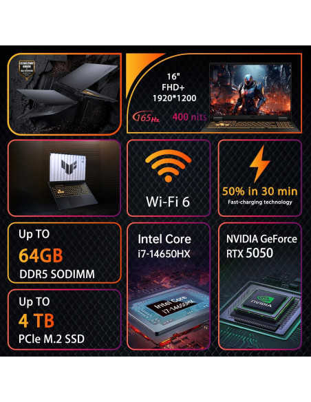 Laptop para Juegos ASUS TUF F16, Intel i7-14650HX, 64GB RAM, 1TB SSD, NVIDIA RTX 5050