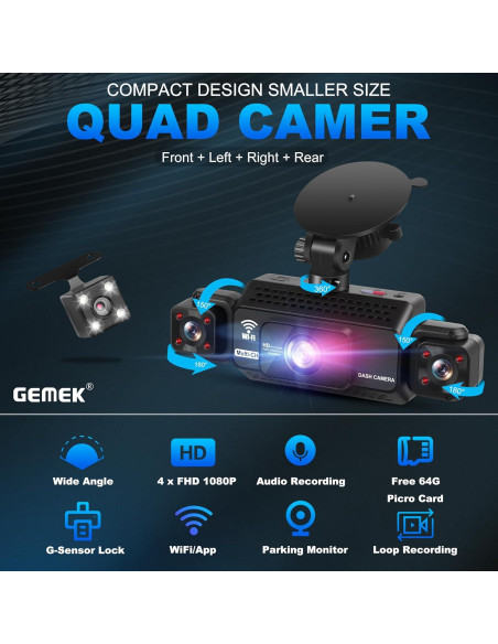Cámara Dash GEMEK S5 4 Canales 2K WiFi 5G con Visión Nocturna Cámara Dash GEMEK S5 4 Canales 2K WiFi 5G con Visión Nocturna