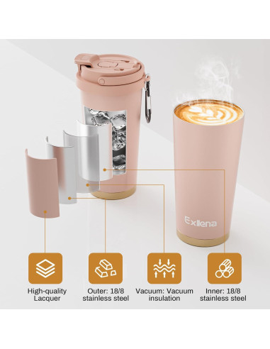 Taza de viaje Exllena 500ml acero inoxidable a prueba de fugas rosa