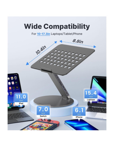 Soporte de Laptop Ajustable Kuxiu 8 en 1 USB-C 10-17" Gris