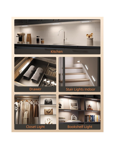 EZVALO 6 Pack Luces LED Bajo Gabinete Recargables con Sensor EZVALO 6 Pack Luces LED Bajo Gabinete Recargables con Sensor