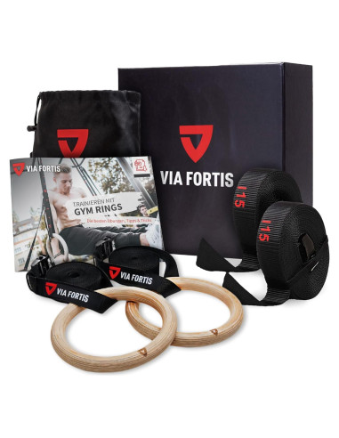 Anillos de Gimnasia de Madera VIA FORTIS con Correas Anchas