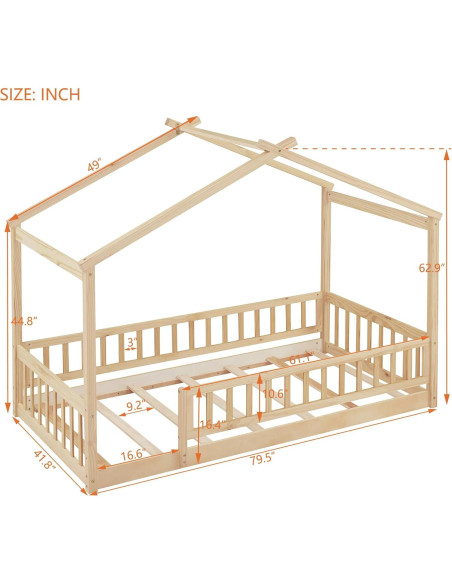 Cama Casa Twin Bellemave con Techo y Cerca Natural Cama Casa Twin Bellemave con Techo y Cerca Natural