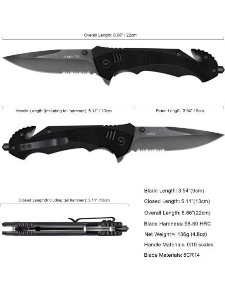 Cuchillo Plegable EMHTiii con Cortador y Rompedor de Vidrio Cuchillo Plegable EMHTiii con Cortador y Rompedor de Vidrio