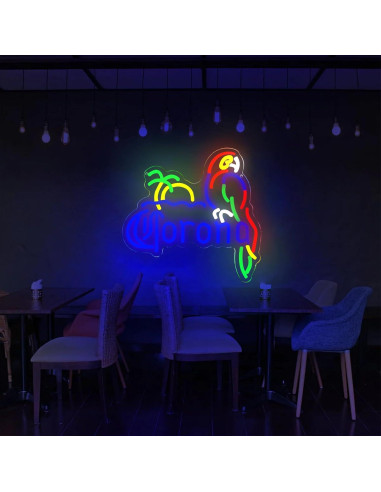 Letrero de Neón LED Corona con Loro Azul 35.5x33 cm