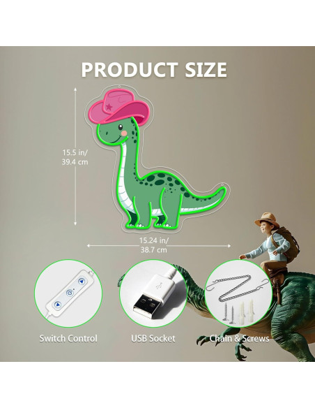 Cartel de Neón Dinosaurio Vaquero ZLOOREE 39x38 cm LED Regulable Cartel de Neón Dinosaurio Vaquero ZLOOREE 39x38 cm LED Regulable