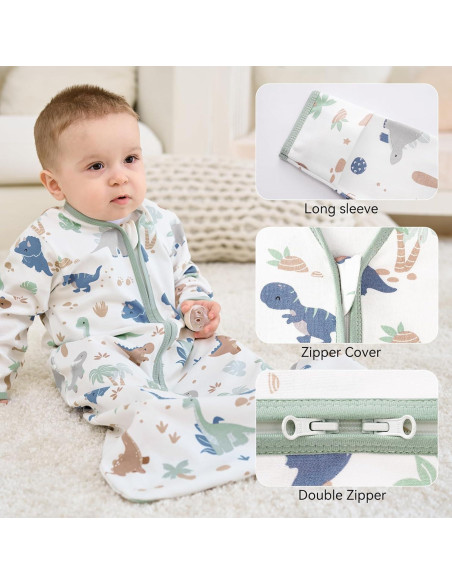 Saco de Sueño para Bebé 6-12 Meses Algodón Dinosaurio Verde 2 Pzs