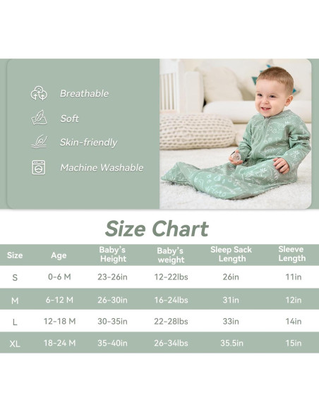 Saco de Sueño para Bebé 6-12 Meses Algodón Dinosaurio Verde 2 Pzs