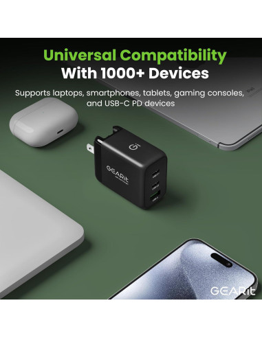 Cargador GEARit 65W USB-C Rápido 3 Puertos GaN Negro