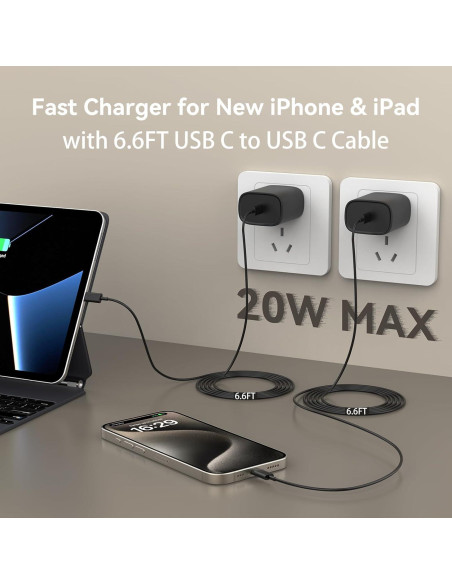 Cargador Rápido USB C 20W con Cable 2m para iPhone 15/16 Cargador Rápido USB C 20W con Cable 2m para iPhone 15/16