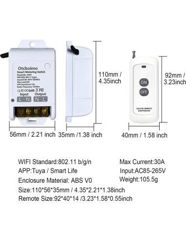 Interruptor Inteligente Inalámbrico WiFi Otcboimo 30A con Control Remoto