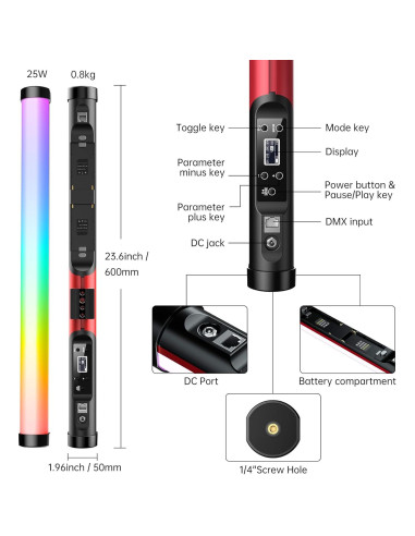 Luz de Video LED RGB GVM BD25R 25W 60.96cm 12 Efectos
