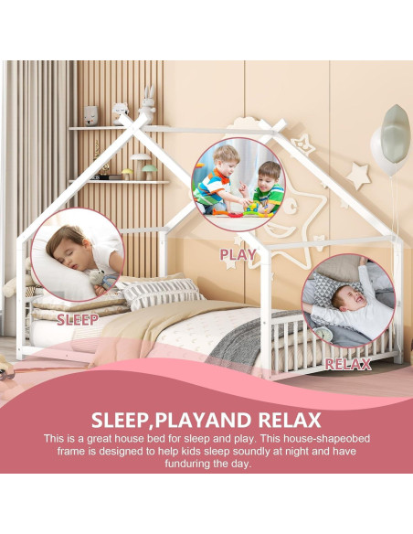 Cama de Piso Twin AVGVLIJ Montessori con Techo y Barandillas Blanca