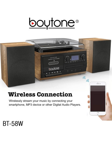 Reproductor de Vinilo Boytone BT-58W Bluetooth con Radio AM/FM