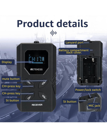 Retekess TT117 Sistema de Interpretación FM 1 Transmisor 5 Receptores Retekess TT117 Sistema de Interpretación FM 1 Transmisor 5 Receptores