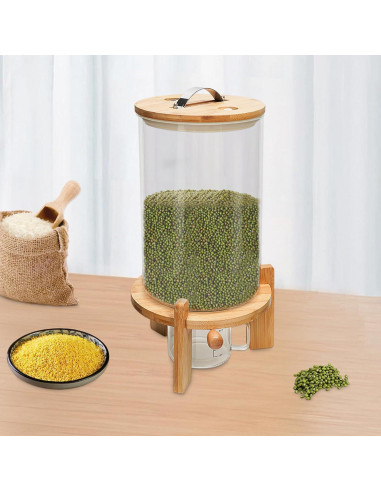 Dispensador de Arroz de Vidrio 7.5L con Taza Medidora y Base de Bambú