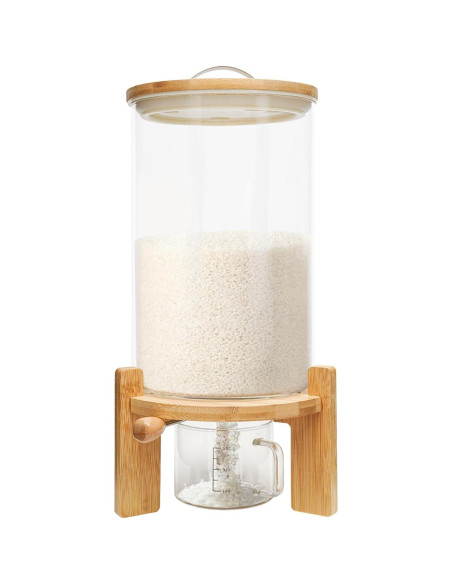 Dispensador de Arroz de Vidrio 7.5L con Taza Medidora y Base de Bambú Dispensador de Arroz de Vidrio 7.5L con Taza Medidora y Base de Bambú