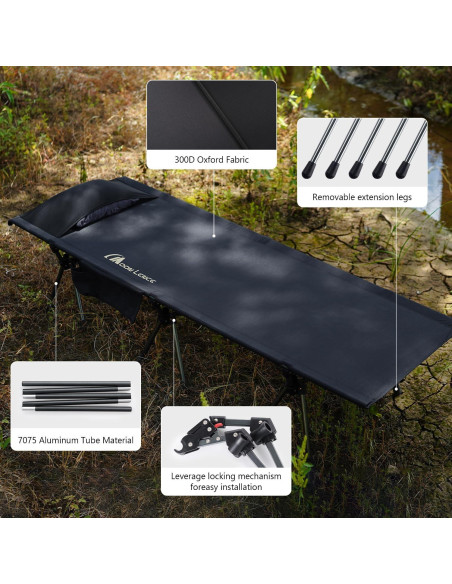 Cama de Camping Plegable MOON LENCE Ajustable 150 kg Negra Cama de Camping Plegable MOON LENCE Ajustable 150 kg Negra