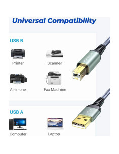 Cable de Impresora USB A a B AINOPE 3m Gris Trenzado Alta Velocidad 2