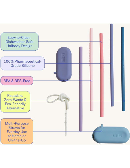 Pajitas de Silicona Reutilizables GIR 2-Pack con Estuche y Limpiador Pajitas de Silicona Reutilizables GIR 2-Pack con Estuche y Limpiador