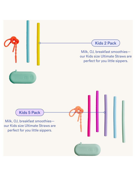 Pajitas de Silicona Reutilizables GIR 2-Pack con Estuche y Limpiador Pajitas de Silicona Reutilizables GIR 2-Pack con Estuche y Limpiador