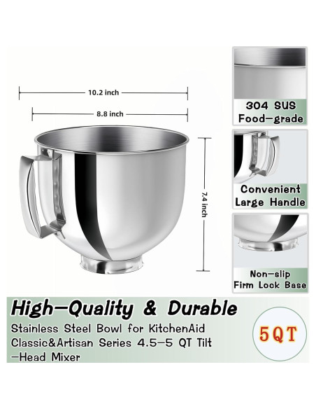 Tazón de Mezcla de Acero Inoxidable 5QT LHCOOL para Kitchenaid Tazón de Mezcla de Acero Inoxidable 5QT LHCOOL para Kitchenaid