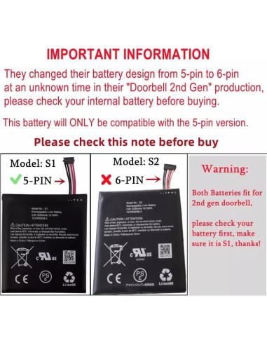 Batería S1 Recargable para Ring Video Doorbell 2da Gen 5200mAh