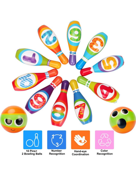 Juego de Bolos Interior para Niños AugToy 10 Pinos Coloridos Juego de Bolos Interior para Niños AugToy 10 Pinos Coloridos