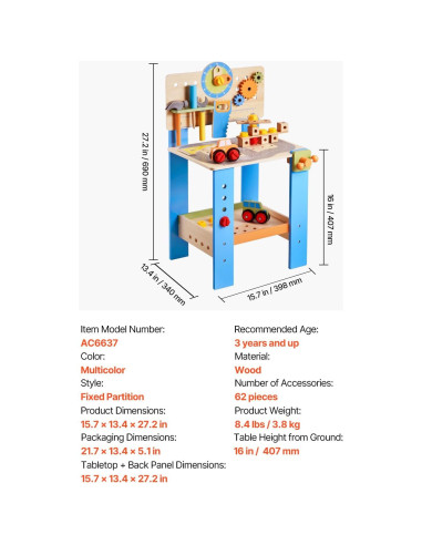Banco de Trabajo para Niños VEVOR 62 Piezas Madera 70 cm