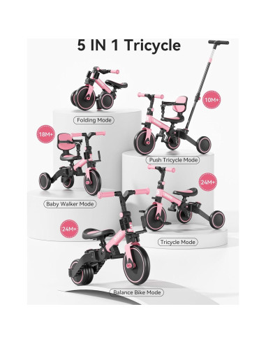 Triciclo 5 en 1 Besrey Rosa para Niños 1 a 3 Años