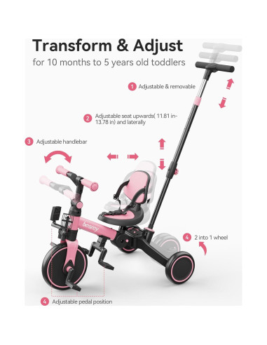 Triciclo 5 en 1 Besrey Rosa para Niños 1 a 3 Años