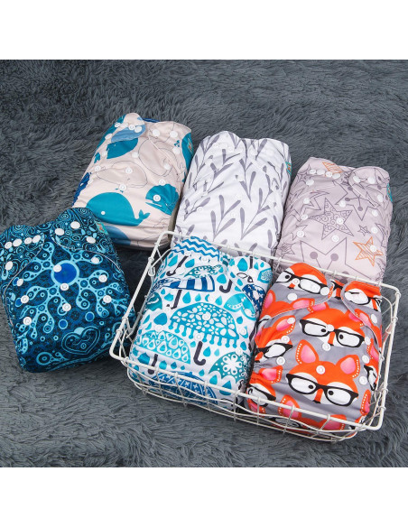 Paquete de 6 Pañales de Tela ALVABABY Ajustables con 12 Inserciones Paquete de 6 Pañales de Tela ALVABABY Ajustables con 12 Inserciones