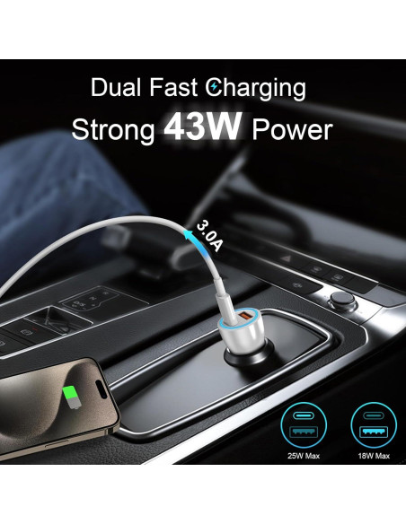 Cargador de Coche Rápido Coreykin 43W USB C Doble Puerto Cargador de Coche Rápido Coreykin 43W USB C Doble Puerto