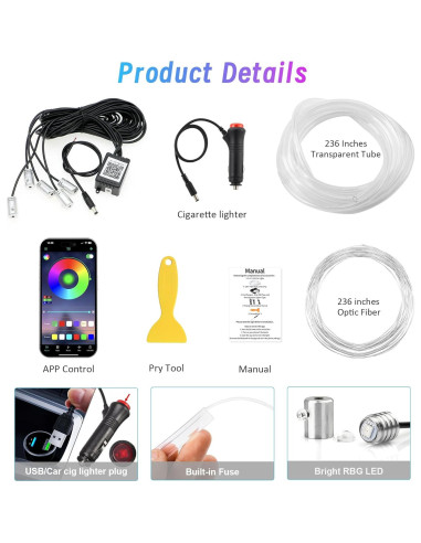 Luces LED de tira HUNGRU 5 en 1 para interiores de coche 599 cm