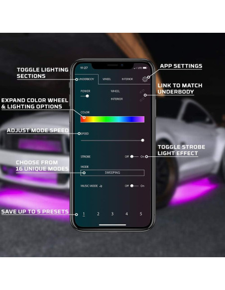 Kit de Iluminación LEDGlow Bajo Carro 4 Piezas Bluetooth Multicolor Kit de Iluminación LEDGlow Bajo Carro 4 Piezas Bluetooth Multicolor