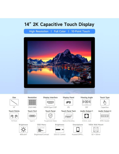 Pantalla Táctil Capacitiva 14" Waveshare 2K 2160x1440