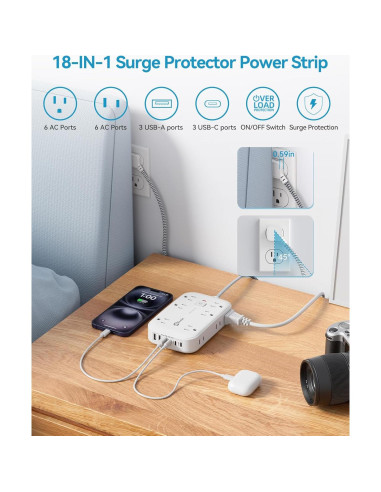 Regleta de Alimentación 12 Salidas + 6 USB C 1.5m Okleeic