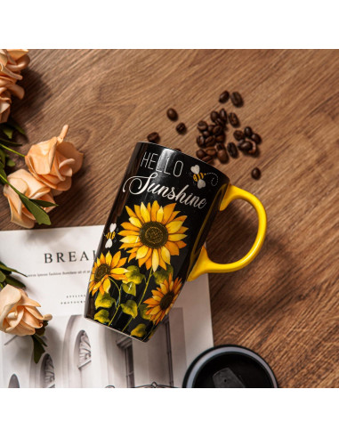 Taza de Cerámica Topadorn Girasol 500ml con Tapa y Asa