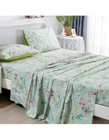 Juego de Sábanas King URBONUR Floral Verde 4 Piezas Algodón